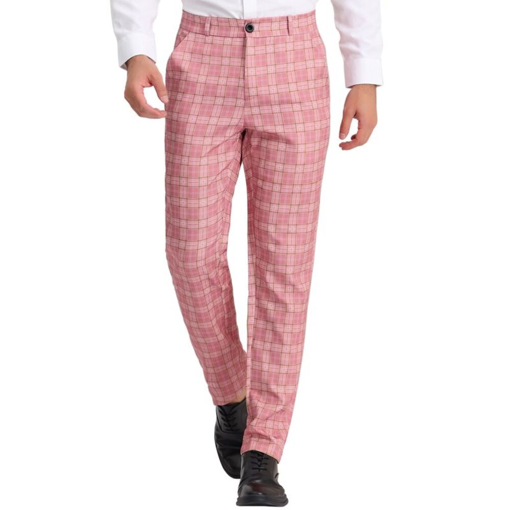 Plaid Dress Pants Flat Front Stretch Business Pink White Checked Pants